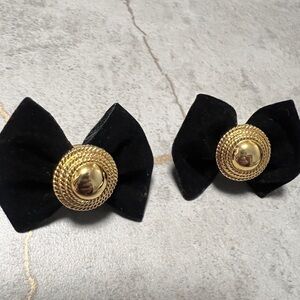 Vintage velvet black and gold bow tie earrings.